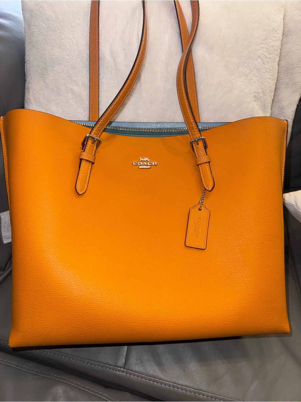 Coach Orange Pebbled Leather Tote with Silver Logo